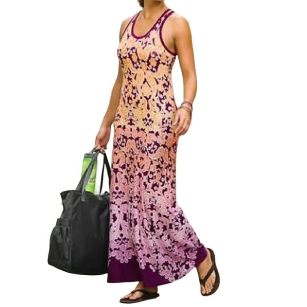 Athleta Racerback Sport Maxi Dress Dip Dye Paisley Dress L large shelf bra